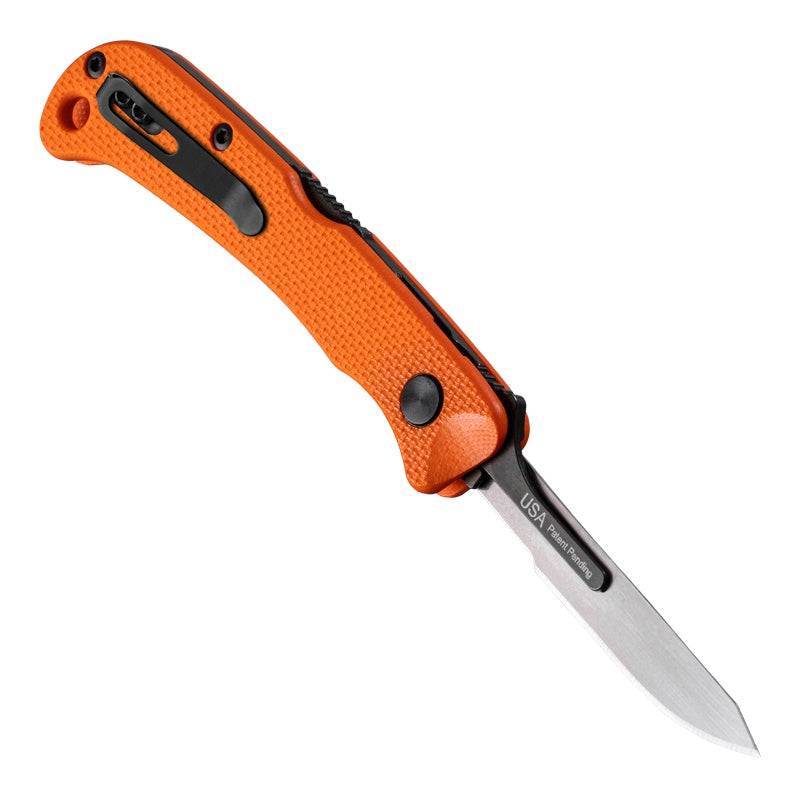 Hogue Expel Folder Scalpel 2.5" Replaceable Blade 7" OAL - Black Finish 416C Series SS - G10 Solid Orange Peel Ply Scales