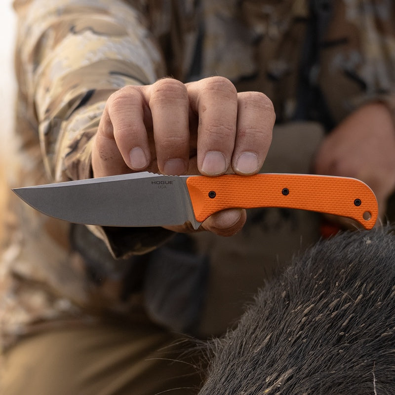 Hogue Extrak XL Knife 3.9" Fixed Clip Point Blade Magnacut - Tumbled Finish - G10 Solid Orange Peel Ply Scales