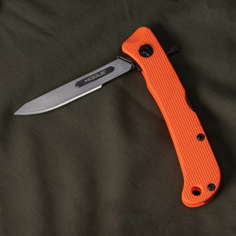Hogue Expel Folder Scalpel 2.5" Replaceable Blade 7" OAL - Black Finish 416C Series SS - G10 Solid Orange Peel Ply Scales