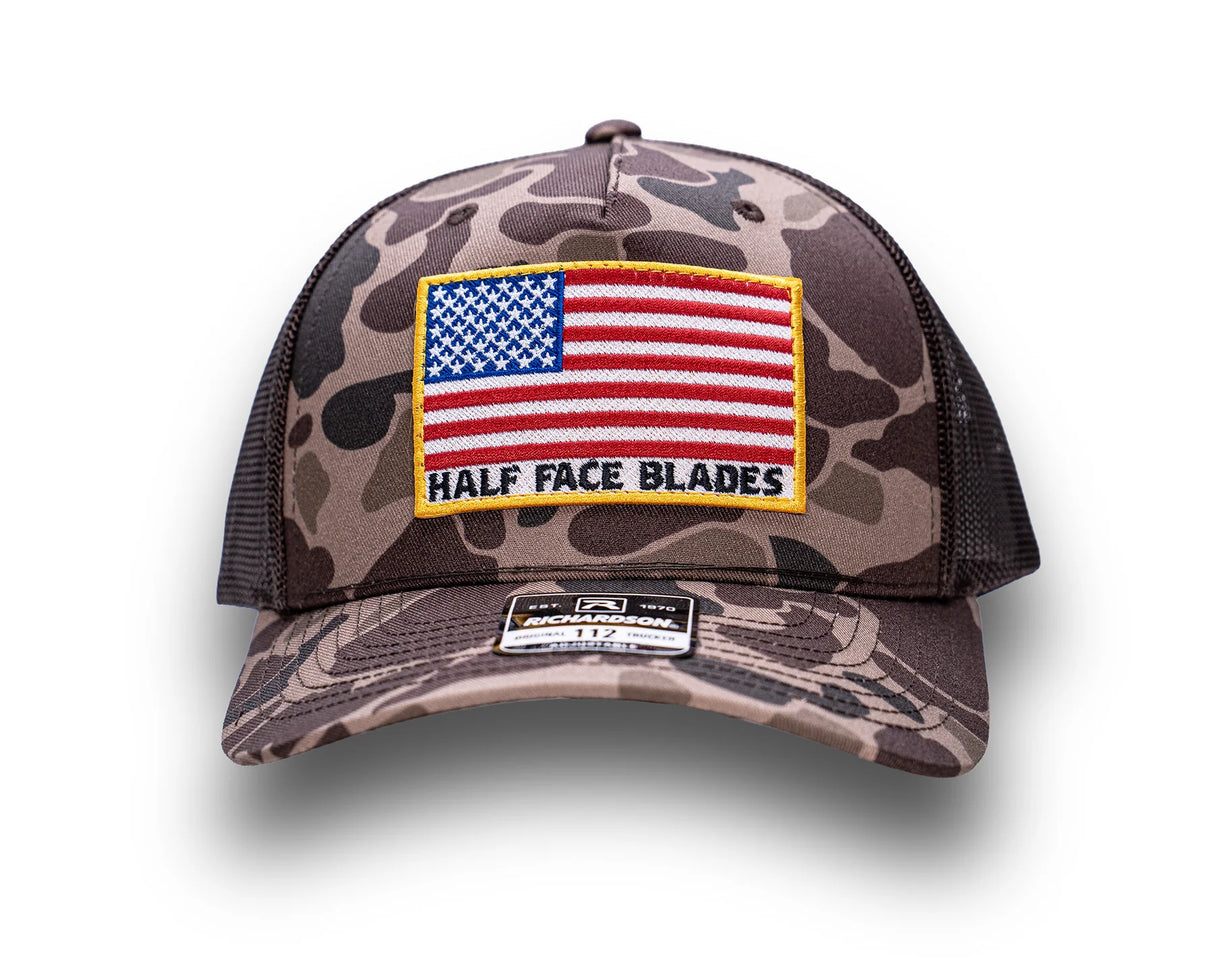 Half Face Blades Bark Duck Camo HFB American Flag Patch Trucker Hat