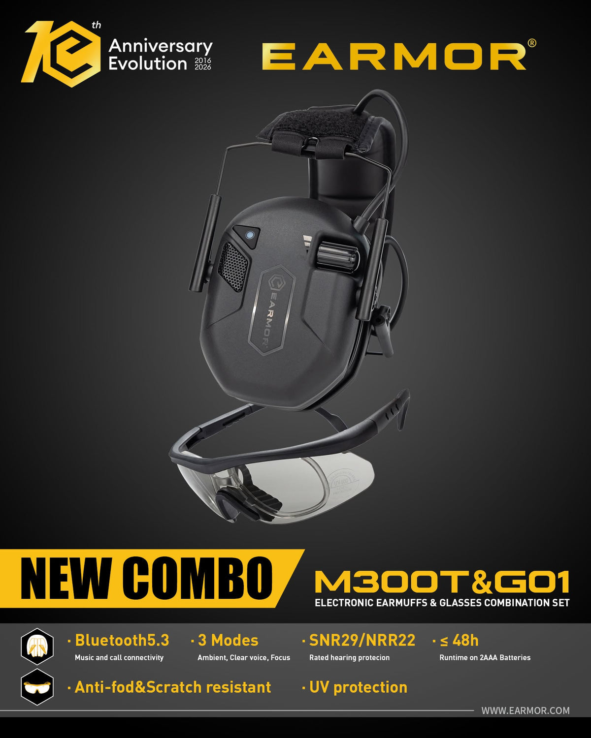 Earmor M300T Electronic Bluetooth Earmuffs & Shooting Glasses Package