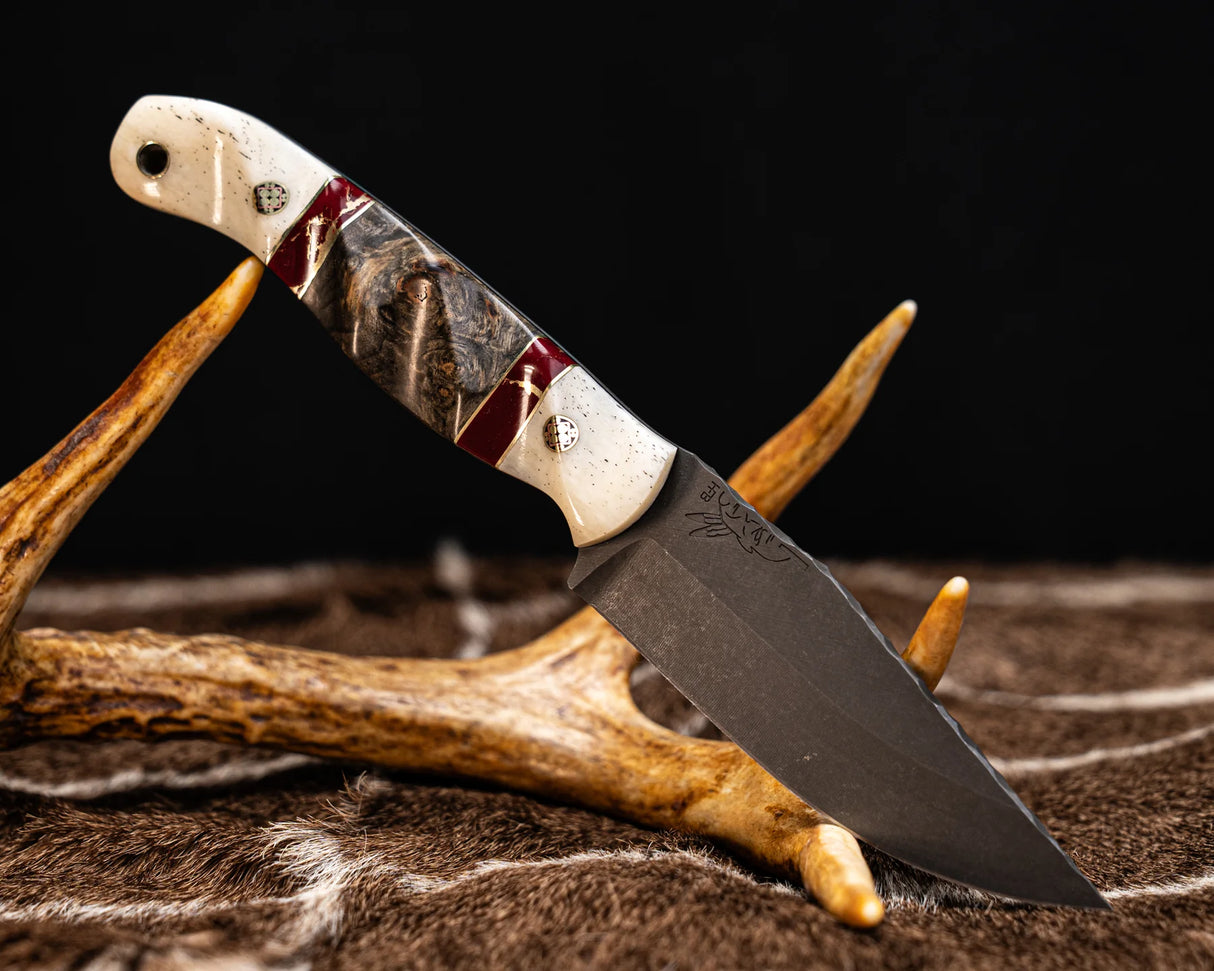 Half Face Blades Limited - Crow Jr- Giraffe Bone, Brass and Red with Gold Web Tru-stone Pin Striping