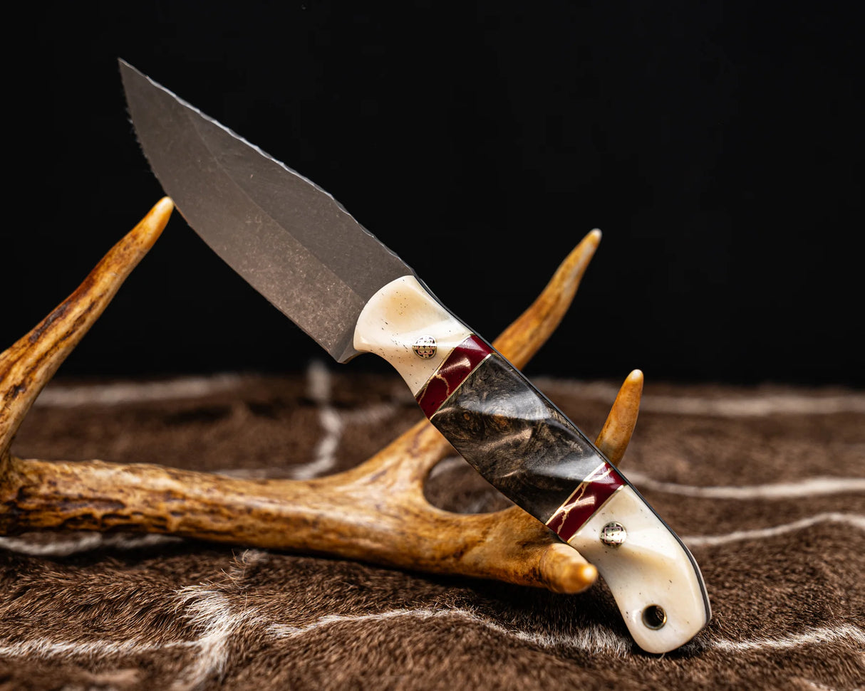 Half Face Blades Limited - Crow Jr- Giraffe Bone, Brass and Red with Gold Web Tru-stone Pin Striping