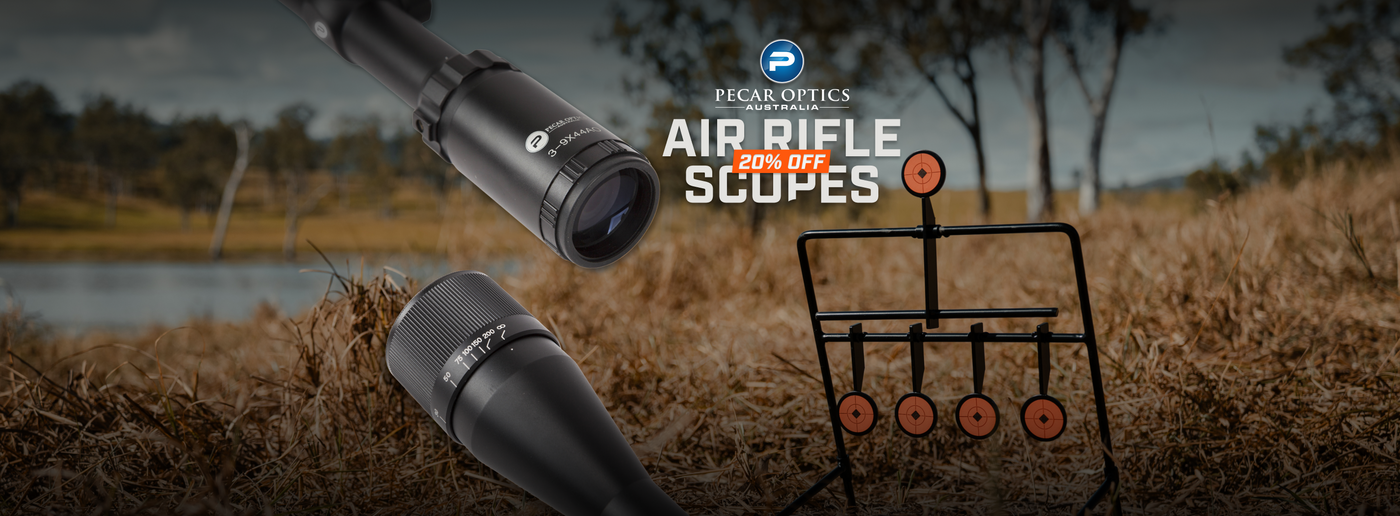 Two black Pecar Optics air rifle scopes are shown against a blurred outdoor hunting landscape with dry grass, water, and trees. A metal target stand with red-and-black bullseye targets is visible on the right, and promotional text reads 'Pecar Optics Air Rifle Scopes 20% OFF'.